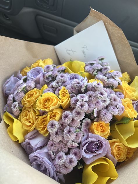 Purple And Yellow Flower Bouquet, Purple And Yellow Bouquet, Just Because Flowers, Anniversary Bouquet, Senior Party, Purple Flower Bouquet, Purple And Yellow Flowers, Yellow Carnations, Gold Bouquet