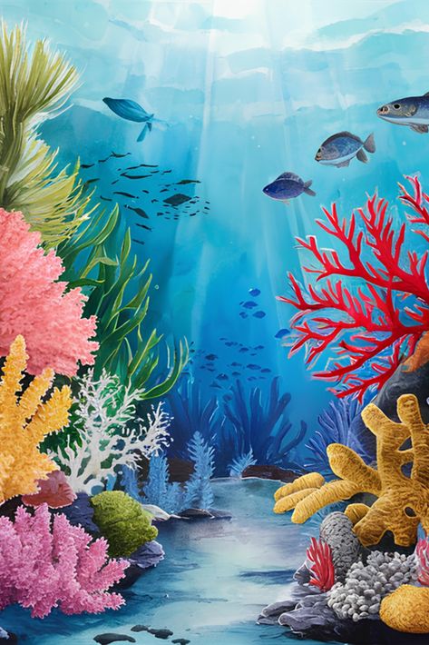 A masterpiece painting Underwater Collage Art, How To Paint Under The Sea, Under The Sea Mural Painting, Under Sea Painting, Underwater Art Painting, Underwater Watercolor, Coral Drawing, Painting Underwater, Sea Murals