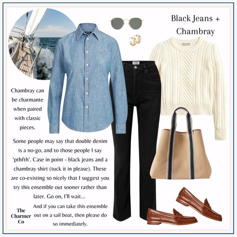 Black Jeans and a Chambray Shirt (on a sail boat if possible…) Chambray Shirt Outfit, Chambray Shirt Outfits, Black And White Sweater, Daily Outfit Inspiration, Cable Knit Jumper, Sail Boat, Weekend Outfit, Chambray Shirt, White Sweater