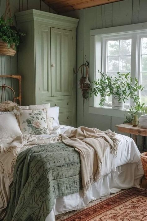 Nicole Gates Green Cottage Bedroom, Bedroom Ideas Sage, Bedroom Ideas Sage Green, Sage Green Farmhouse, Countryside Bedroom, Cottage Bedroom Ideas, Green Farmhouse, Green Cottage, Cottage Room