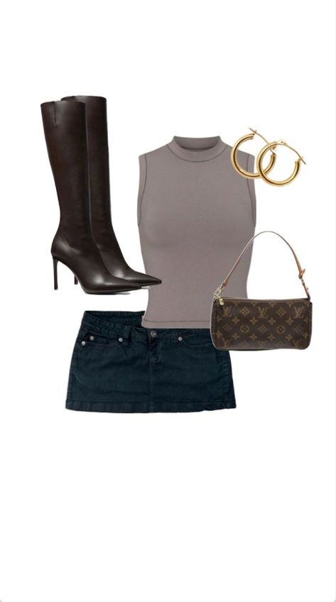 Super cute grayish/purple tank top paired with a navy mini skirt. Brown boots with heel. Accessorized with a brown loui pruse and gold hoops! #fashion #cute #outfits #outfitstyle #miniskirtoutfit #skirtfashion  #louisvuittonhandbags #goldhoopearrings #boots Brown Boots Summer Outfit, Navy Mini Skirt Outfit, Girly Skirts, Mini Skirt Outfit Summer, Boots With Heel, Navy Mini Skirt, Purple Tank Top, Purple Tank, Looks Street Style