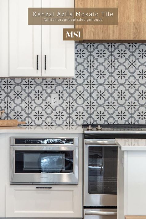 Pattern Kitchen Backsplash, Kitchen Mosaic Backsplash, Statement Backsplash, Neutral Backsplash, Kitchen Mosaic, Neutral Tile, Pretty Tiles, Mosaic Backsplash Kitchen, Kitchen Backsplash Designs