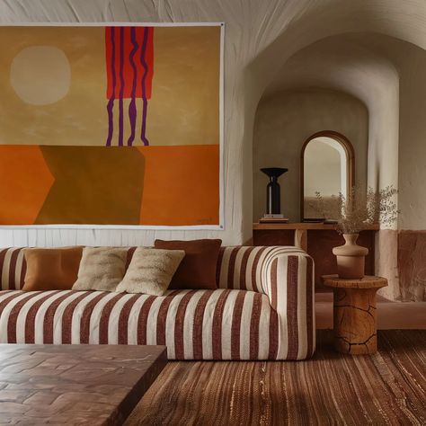 Chapter 4: And Then We Saw The Desert - 195cm x 163cm Large original painted tapestry. #tapestry #desertart #warmcolors #warminteriors #calmvibes #artinterior #interiordesignart #horizons #orangetones #abstractwallart #earthtones #contemporarypainting #tenture #interiordecor Large Art Ideas, Desert Interior Design Living Room, Desert Interior Design, Desert Living Room, Painted Tapestry, Wood Couch, Painted Sofa, Snug Room, Flat Decor