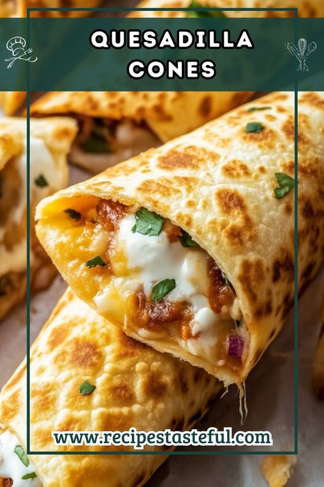 These Quesadilla Cones are a fun twist on traditional quesadillas, featuring crispy tortilla cones filled with savory chicken, peppers, and melted cheese. Perfect for parties or family dinners, they're easy to make and even more enjoyable to eat! Quesadilla Party, Crunchy Quesadilla, Tortilla Cones, Cheese Quesadilla Recipe, Chicken Peppers, Cheese Quesadilla, Fajita Seasoning, Quesadilla Recipes, Chicken Quesadillas