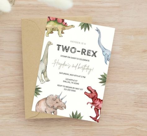 Dinosaur Birthday Invite, Three Rex Birthday, Dinosaur Birthday Invitations, 2nd Birthday Invitations, Fourth Birthday, My Son Birthday, Birthday Template, Modern Invitation, Dinosaur Party