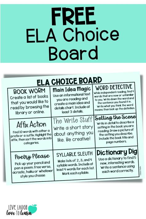 Student buy-in and engagement is the KEY to getting your students to practice what they need to practice. Giving students a CHOICE in what they practice is the key to success! Read about how I use Choice Boards in my classroom and get a FREE copy of my ELA Choice Board. Choice Boards High School English, Choice Boards 5th Grade, Ela Choice Boards Elementary, Reading Choice Boards 3rd Grade, Ela Choice Boards Middle School, Choice Boards Middle School, Vocabulary Choice Board, Student Choice Boards, Small Group Organization