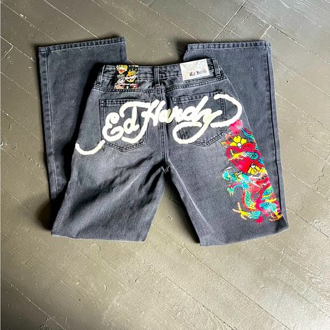 Ed Hardy Low Waist Baggy Black Denim Wide Leg Jeans Size 26 Graphic Design 32” Inseam 9.5 Rise All Measurements Approximate Ed Hardy Clothes, Thrifting Manifestation, Ed Hardy Outfit, Emo Jeans, Painting Jeans, Senior Jeans, Fire Shoes, Ed Hardy Jeans, Birthday Clothes