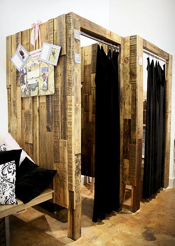 Tranquil Space Yoga Studio. retail space dressing rooms made of deconstructed wood pallets. Yoga Studio Retail, Studio Retail Space, Boutique Dressing Room, Space Yoga, Yoga Studio Design, Clothing Store Interior, Dupont Circle, Boutique Decor, Dressing Rooms