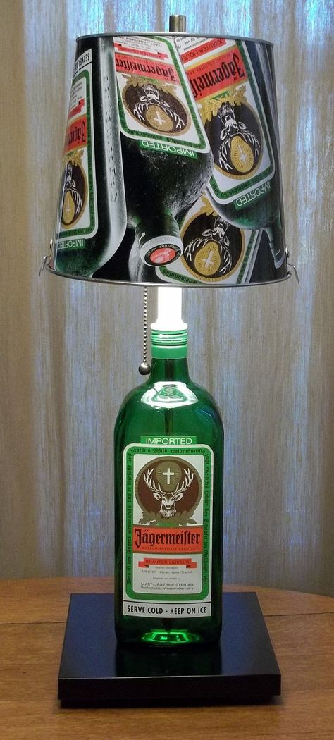 Jagermeister Bottle Table Lamp with Jager by GroovyGreenGlass, $125.00 Jager Drinks, Bottle Table Lamps, Bottle Projects, Recycled Glass Bottles, Bottle Craft, Bottle Lamp, Neat Ideas, Bottle Lights, Wine Bottle Crafts