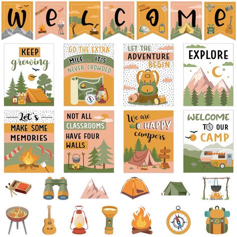 PRICES MAY VARY. Camp Themed Design: the welcome classroom bulletin board decor is designed with a camping theme and pairs with telescope, tent, compass element patterns and inspiring words; The camping inspirational bulletin board will leave a deep impression on people Package Including: you will receive 7 pieces of welcome signs, 13 pieces of camping cutouts, 8 pieces of camp theme inspirational posters, which can meet your needs for classroom or home decorations Quality Material: outer campin Wildlife Classroom Theme, Camp Theme Classroom Door, Welcome Bulletin Board, Home School Supplies, Inspirational Bulletin Boards, Welcome Bulletin Boards, Class Themes, Elementary Classroom Themes, Play Cafe