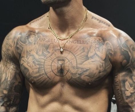 Mens Trapezius Tattoo, Mens Tattoos Chest, Nice Chest Tattoos For Men, Unique Chest Tattoo Men, Guys Chest Tattoos, Side Torso Tattoo Men, Men’s Spine Tattoos, Greek Mythology Tattoos Chest, Roman Numerals Collar Bone Tattoo