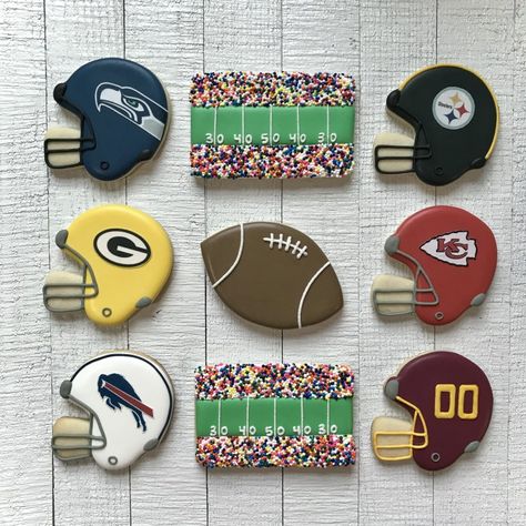 Seahawks, Packers, Bills, Steelers, Chiefs, and Washington football sugar cookies Nfl Cookies Decorated, Football Helmet Cookies Royal Icing, Football Helmet Cookies Decorated, Football Cookies Royal Icing, Football Royal Icing Cookies, Super Bowl Cookies Decorated, Football Sugar Cookies Royal Icing, Football Helmet Cookies, Football Cookies Decorated