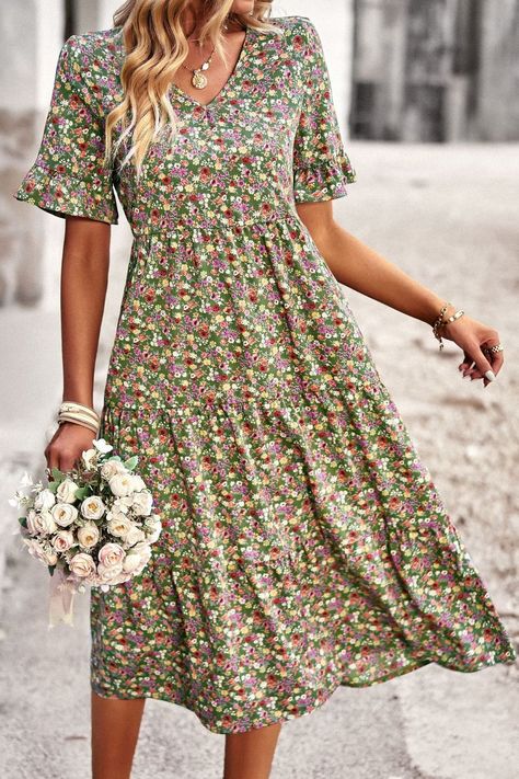 Flounce Sleeve, Sleeve Dresses, Midi Dress With Sleeves, Floral Dress Summer, Casual Summer Dresses, Medan, Belleza Natural, Outfit Casual, Floral Midi Dress