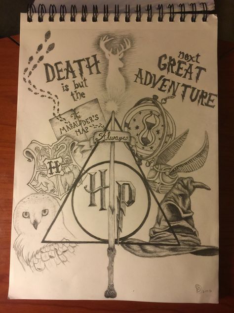 Harry Potter collage drawing                                                                                                                                                     Mais Harry Potter Collage, Harry Potter Sketch, Harry Potter Art Drawings, Art Harry Potter, Collage Drawing, Desenhos Harry Potter, Harry Potter Tattoo, Harry Potter Tattoos, Images Harry Potter