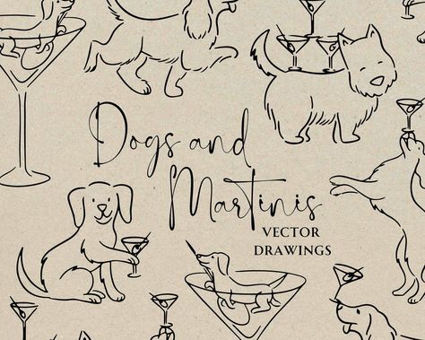 Dog Party Illustration, Dog Wedding Invitations, Martini Doodle, Martini Clipart, Wedding Doodles, Bachelorette Party Theme, Dog Doodle, Drawn Dog, Dog And Puppy