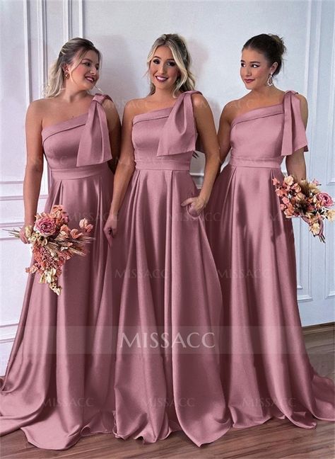 One-Shoulder A-Line Satin Bridesmaid Dresses With Pockets Entourage Gowns Bridesmaid, Entourage Gowns, Bridesmaid Dresses Color Palette, Dusty Rose Bridesmaid, Dusty Rose Bridesmaid Dresses, Rose Bridesmaid Dresses, Sparkle Wedding Dress, Gowns Bridesmaid, Dress Colors