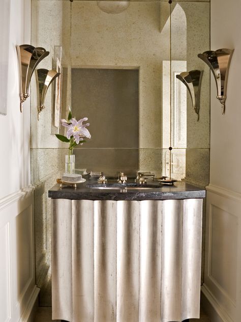 A modern Deco-themed powder room. Transitional Powder Room, Traditional Powder Room, Wall Architecture, Wall Colours, Floating Shelves Living Room, White Floating Shelves, Floating Shelves Bathroom, Rustic Wall Mirrors, Rustic Floating Shelves