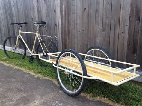 Rear view of a custom bike trailer I welded from scratch out of lightweight tubing and fitted polished wood.  Summer 2015 Bike Wagon, Bicycle Cargo Trailer, Bike Trailer Hitch, Bicycle Trailers, Bike Cargo Trailer, Bike Cart, Cargo Trailer Conversion, Bicycle Camping, Kayak Trailer