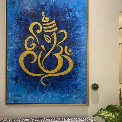 Abstract Extra Large Painting Gold Artabstract Indian Art - Etsy Ganpati Bappa Painting Ideas, Canvas Painting Of Ganesha, Abstract Ganesha Painting Modern, Canvas Painting Of God, Ganpati Paintings Acrylics, Ganesha Canvas Painting Acrylics, Acrylic Background Painting, Ganesh Modern Art, Easy Ganesha Painting