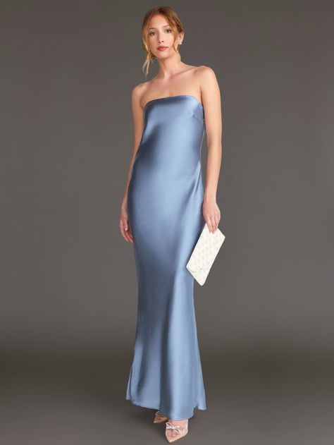 Infinite Strapless Open Back Satin Maxi Dress - Sugarlips | New York & Company Wedding Guest Blue Dress, Tiffany Blue Bridesmaid Dresses, Slate Blue Bridesmaid Dresses, Blue Wedding Guest Dresses, Pink Floral Maxi Dress, Wedding Party Outfits, Blue Bridesmaid Dress, Bridesmaid Dress Colors, Blue Wedding Dresses