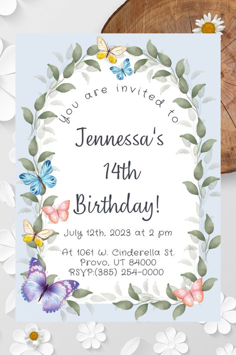 Butterflies Birthday Invitation Template, Teenager Girl, Teen Party, Editable Digital Invite, Instant Download, Corjl, Electronic Teenager Birthday, 13th Birthday Parties, Birthday Party For Teens, Birthday Party Invitation Templates, Teen Party, Digital Invite, Butterfly Birthday