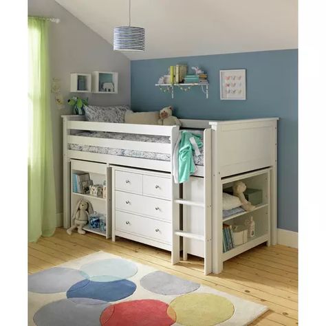 White Kids Bed, Storage Unit Sizes, Beds Storage, Mid Sleeper, Mid Sleeper Bed, Sleeper Bed, Kids Mattress, Wooden Bed Design, Cabin Bed