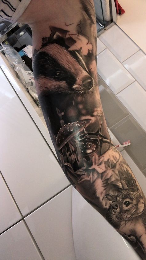 Wildlife Leg Sleeve Tattoo, Wildlife Sleeve Tattoo For Women, British Wildlife Tattoo, Sleeve Tattoos Animals, Black And Grey Realism Tattoo Sleeve, Forest Animals Tattoo, Wild Life Tattoos, Wildlife Tattoos For Men, Wildlife Tattoo Sleeve