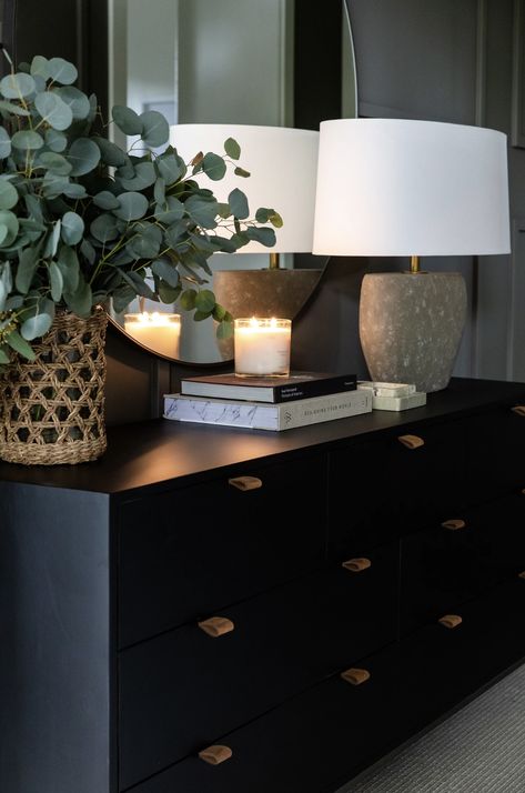 Lowboy Dresser Styling, Moody Room Ideas, Bedroom Chest Of Drawers Decor, Black Dresser Decor, Black Dresser Bedroom, Drawers Decor, Bedroom Dresser Styling, Chest Of Drawers Decor, Dresser Decor Bedroom