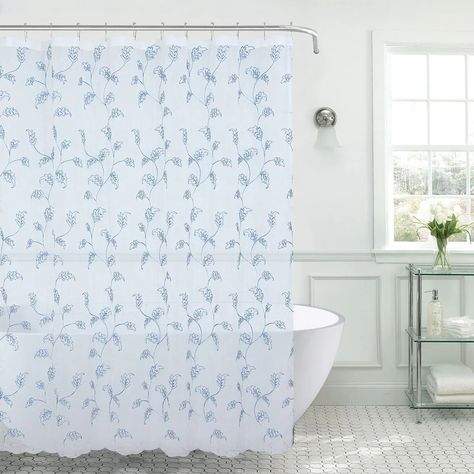 Layla Vines Voile Embroidery Shower Curtain, 12 Metal Hooks Set, 70x72 Inches - White-White-Teal - On Sale - Bed Bath & Beyond - 36777280 Embroidered Vines, Teal Bedding, Dorm Bathroom, Translucent Design, Bathroom Floors, Embroidered Leaves, Shower Hooks, Grey Curtains, Eyelet Top