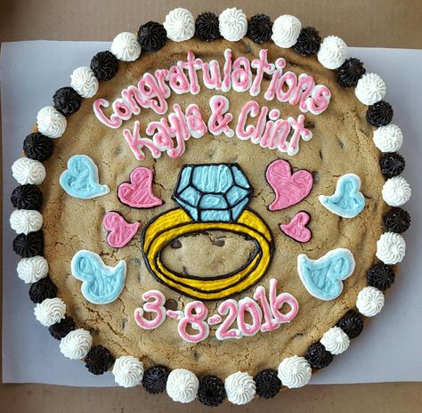 Engagement cookie cake Cookie Cake For Wedding, Engagement Cookie Cake, Anniversary Cookie Cake, Cookie Cake Wedding Cakes, Giant Cookie Wedding Cake, Wedding Cookie Cake, Great American Cookie Cake Designs, Giant Cookie Cake Recipe, Work Desserts