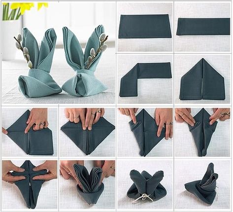 How to fold a napkin bunny - step by step instruction with picture Napkin Bunny, Diy Wedding Napkins, Easter Napkin Folding, Bunny Napkin Fold, Thanksgiving Napkin Folds, Fold A Napkin, Folding Napkins, Fancy Napkin Folding, Napkin Folds