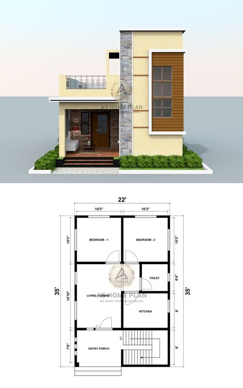 3d house front elevation design with 2d plan layout 22×35 House Plan, 22×40 House Plan, 20x30 House Plans 2 Bedrooms, House Design With Floor Plan, Banglow Design, Second Floor House Design, Budget House Design, 2 Bedroom House Design, 20x30 House Plans