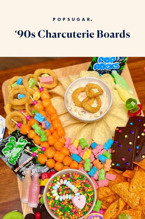 These '90s Snack Boards Include Dunkaroos and Bottle Pops Party Food 90s, 90s Theme Appetizers, 90s Buffet Food, 90s Theme Snacks, 90s Theme Party Snacks, 90s Snack Board, 90s Themed Charcuterie Board, 90s Party Food Appetizers, 90s Appetizers