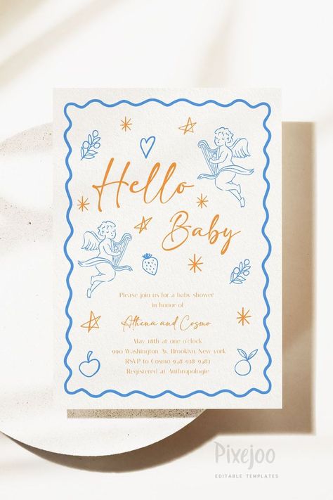 Experience the captivating allure of Parisian-inspired elegance with this whimsical hand drawn baby shower template card, accompanied by a mobile invitation template card, as you celebrate the joyous arrival of your precious little one. With this template, you can customize the wording and font type, size, color and more. Change the color of the artwork to suit your style and make it all your own! This listing offers an instant download digital file that you can conveniently edit right in... Hand Drawn Invitations, Placemat Aesthetic, Vintage Baby Shower Ideas, Wedding Invitations Ideas, Baby Shower Stationary, Pretty Illustration, Hand Drawn Invitation, Angel Baby Shower, Event Stationery