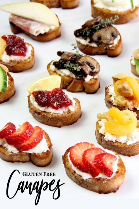 Gluten free party dishes have never been easier – these 8 gluten free canape ideas are quick, delicious, and easily customized. Perfect for New Years, Valentine's Day, Holiday and Spring/Summer parties. Cocktail Canapes, Canape Ideas, Canapes Ideas, Gluten Free Cocktails, Gluten Free Baguette, Gluten Free Party Food, Gluten Free Party, Gluten Free Brunch, Gluten Free Apple Crisp