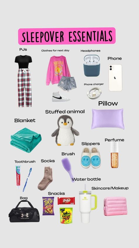 Sleepover Checklist, Sleepover Packing List, Trip Essentials Packing Lists, Fun Sleepover Activities, Teen Sleepover Ideas, Sleepover Essentials, Fun Sleepover Games, Road Trip Kit, Birthday Sleepover Ideas