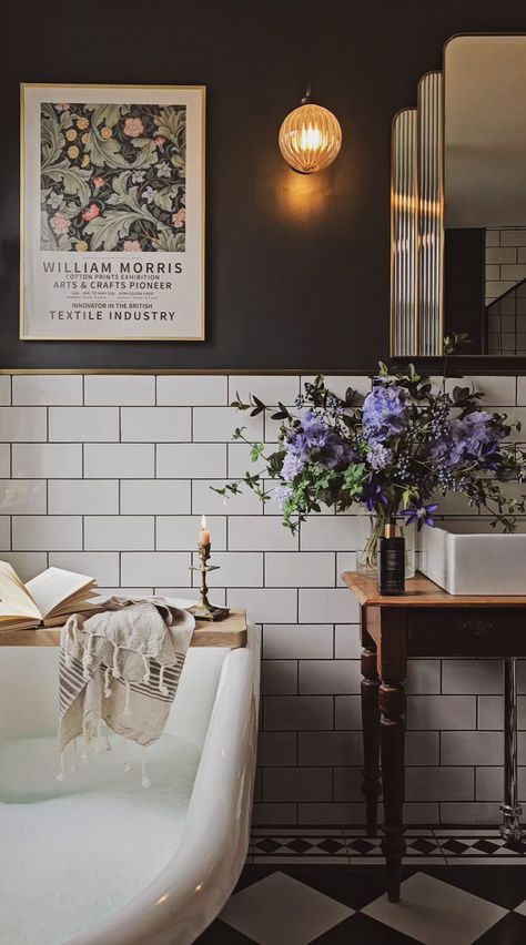 Check out this photo from elle_the_home_bird Colour Drenching, Bird Bathroom, Morris Print, White Subway Tiles, Wooden Vanity, Whimsical Home, Subway Tiles, Vintage Interiors, Pink Bedroom