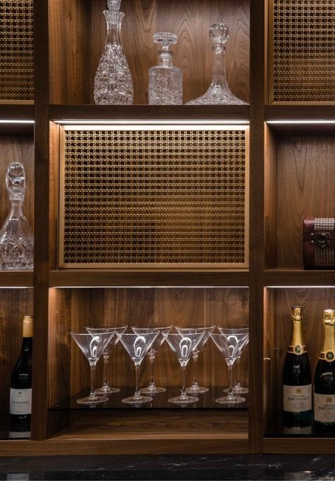 American-Express-Bar-Shelves Centurion Lounge, Concealed Lighting, American Express Centurion, Features Aesthetic, Wine Vault, Wine Cave, Chicken Kitchen, Bar Shelves, Joinery Details