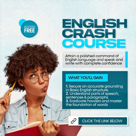 A simple flyer for an English crash course Crash Course Poster, Checklist Social Media Post, English Course Design, Masterclass Flyer Design, English Course Poster Design, Online Course Poster, Online Classes Poster, Course Flyer Design, Course Poster