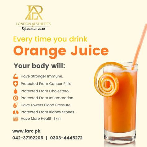 Benefits of Orange juice! Keep yourself hydrated with orange fresh juice🍊 Visit LARC today and go from conscious to confident! ☎ 03034445272 | 04237192206 ✉ info@larc.pk 🌐 www.larc.pk 59-Z, Commercial, Phase 3, DHA Lahore, Punjab, Pakistan-54000. 📍https://rb.gy/4kudan The Orion, 8-G, Jaranwala Rd, Kohinoor City Faisalabad, Punjab 38000, Pakistan 📍shorturl.at/suvIO Benefits Of Orange Juice, Orange Juice Benefits, Juice Benefits, Lower Blood Pressure, Fresh Juice, Healthy Fruits, Health Info, Fruit Juice, Health Diet