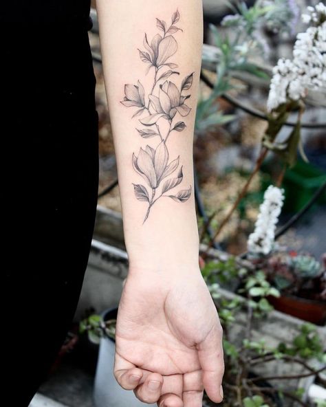 Magnolia Tattoo Traditional, Fine Line Magnolia Tattoo, Magnolia Branch Tattoo, Flower Vine Tattoos, Wrist Tattoo Cover Up, Magnolia Tattoo, Zelda Tattoo, Abstract Tattoo Designs, Flower Tattoo Meanings