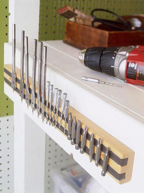 Attaching a magnetic tool holder along the side of the bench means you'll never need to search for missing attachments again. (If the technology looks familiar, it's because it's similar to magnetic knife holders used in kitchens.) Rifacimento Garage, Shed Organisation, Garage Hacks, Garage Organization Tips, Different Tools, Shed Organization, Garage Storage Solutions, Garage Organization Diy, Smart Tiles