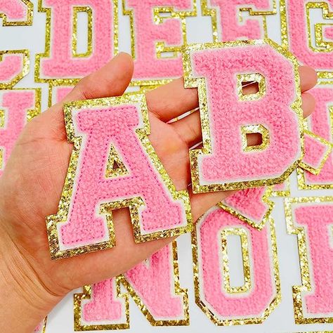 Letter Patches Varsity Chenille Iron on Letters Patchs for Clothing English Letter A-Z with Gold Glitters Border, 26pcs Pink Large Iron On Patches, Jean Diy, Rhinestone Alphabet, Iron On Letter Patches, Letter Patches, Embroidered Letters, Iron On Letters, Rhinestone Letters, Cute Patches