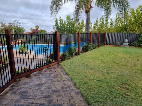 Treated H4 Pine Posts with Black Aluminum Pool Fencing

Pools Posts coated with Merbau & Swan River Jarrah stains, layered up to achieve a deep Merbau tone Metal Fence Around Pool, Swimming Pool Fencing Ideas, Fence Around Pool And Yard, Privacy Fence Pool Area, Wooden Pool Fence, Inground Pool Fence Ideas, Pool Fence Ideas Inground, Fencing Around Pool, Pool Fencing Ideas