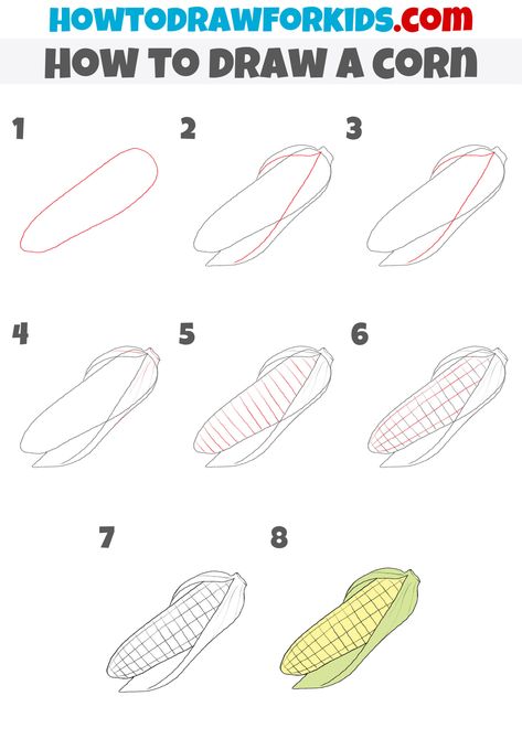 How To Draw Corn On The Cob, How To Draw Vegetables, Corn Drawing Easy, Holiday Drawings, Corn Drawing, English Drawing, Corn Painting, Drawing Easy Step By Step, Furniture Drawing