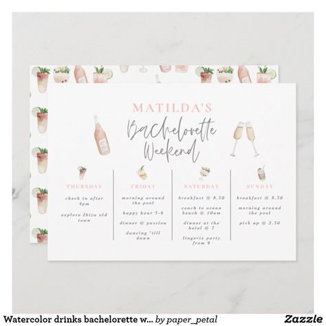 Watercolor Drinks, Birthday Weekend Itinerary, Elegant Birthday Invitations, Wedding Weekend Itinerary, Itinerary Invitation, Bachelorette Weekend Itinerary, Bachelorette Weekend Invitations, Bachelorette Vacation, Bachelorette Itinerary