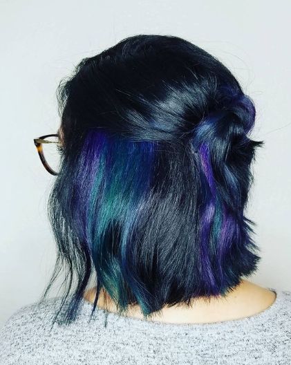 Blue And Purple Homecoming Hairstyle For Short Hair Blue And Purple Highlights, Purple And Blue Highlights, Highlights Streaks, Homecoming Hairstyle, Purple Homecoming, Homecoming Hairstyles For Short Hair, Hairstyle For Short Hair, Trendy Updos, Hairstyle For Short