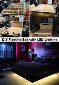 DIY Floating Bed with LED Lighting Sick of typical beds in your home.  Why not ugrade your bed to this amazing looking DIY Floating Bed with LED Lighting.  It looks absolutely amazing and it turns an ordinary bed into a focal point in a bedroom.  And to top it all off Diy Floating Bed, Floating Bed Frame, Led Lighting Diy, Pallet Beds, Pallet Bed, Floating Bed, Diy Bed Frame, Bed Lights, Diy Bed