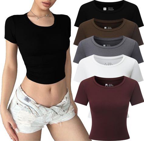 PRICES MAY VARY. High-quality: Crafted from a luxuriously soft and skin-friendly fabric, our basic tops for woman offer a second-skin feel. 5 piece Y2k shirts are made of 90% polyester and 10% spandex. High quality elastic fabric,light weight, super soft and skin-friendly, make you more comfortable to wear. Timeless Crop Tops Design: Discover the charm of our short sleeve t shirts - Going Out Crop Tops for women, Sexy shirts, slim fit crop tops, short sleeve, crew neck, solid color, plain unders Going Out Crop Tops, Basic Crop Tops, Y2k Shirts, Tight Crop Top, Color Plain, Slim Fit Crop Top, Crop Top Designs, Tops Short Sleeve, Fabric Light