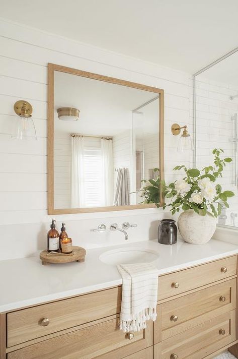 Square Light Brown Oak Mirror on Shiplap Trim - Cottage - Bathroom Boho Bathroom Remodel, Natural Wood Bathroom Vanity, Bathroom Inspo Interior Design, Kitchenette Ideas, Modern Boho Bathroom, Boho Style Bathroom, Basement Kitchenette, Oak Vanity, Small Bathroom Layout